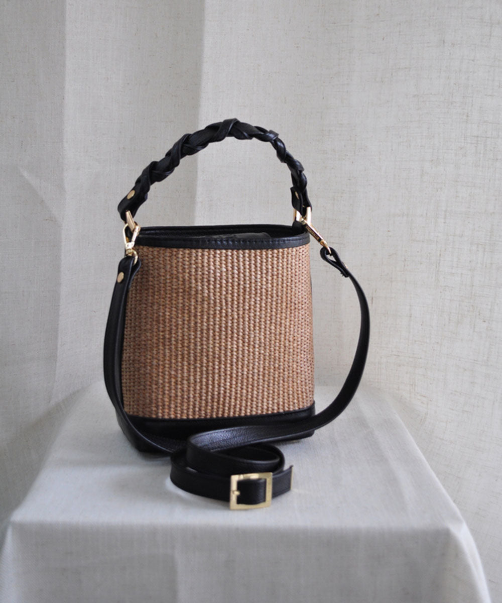 Bucket Raffia Bag - Black Leather