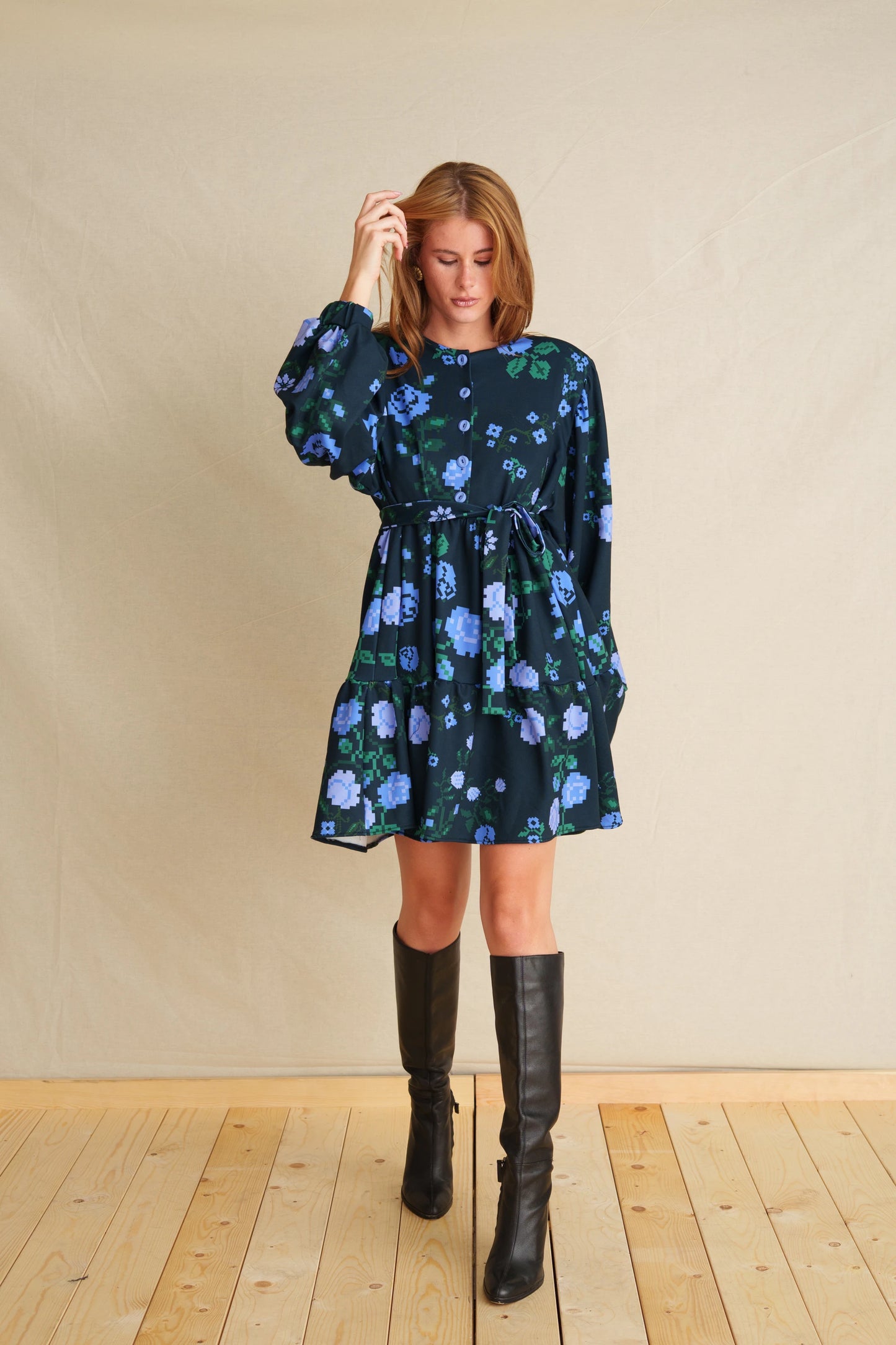 Pixel Rose Blue Futter Mini Dress