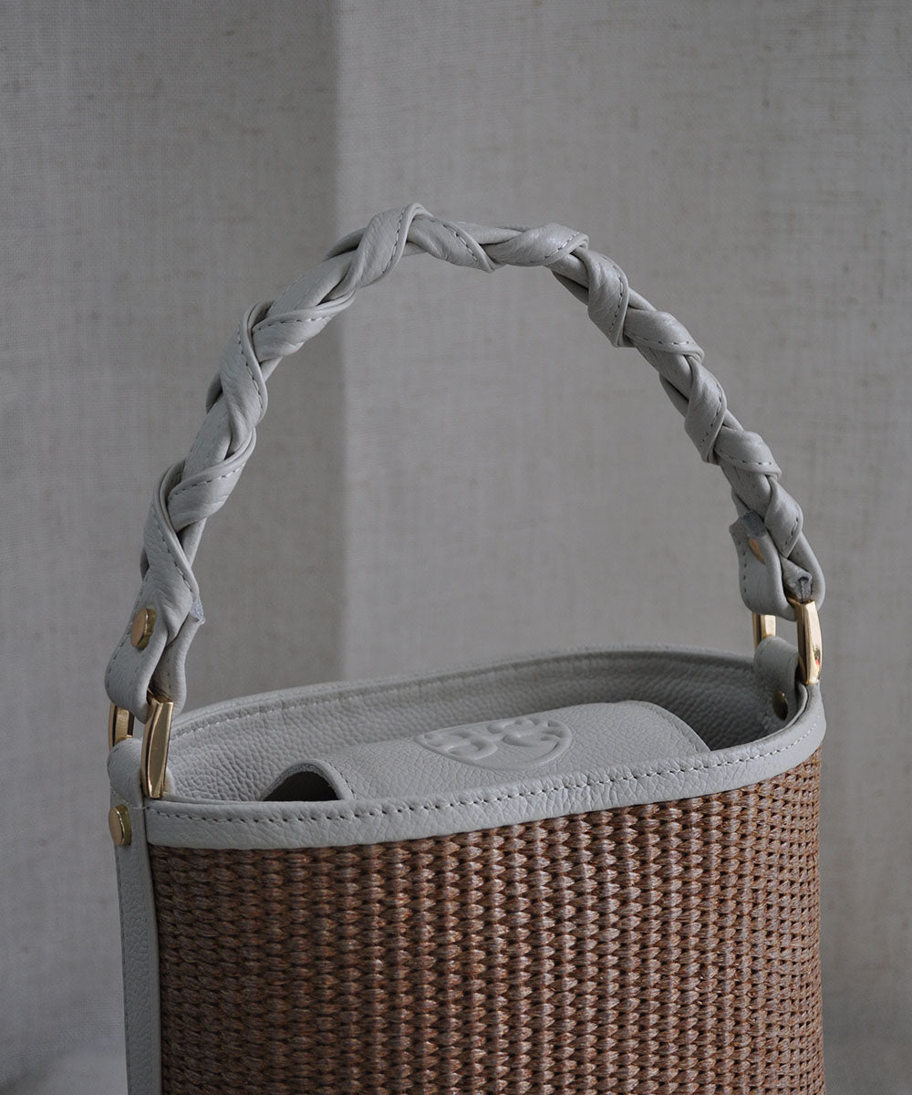 Bucket Raffia Bag - Cream Leather