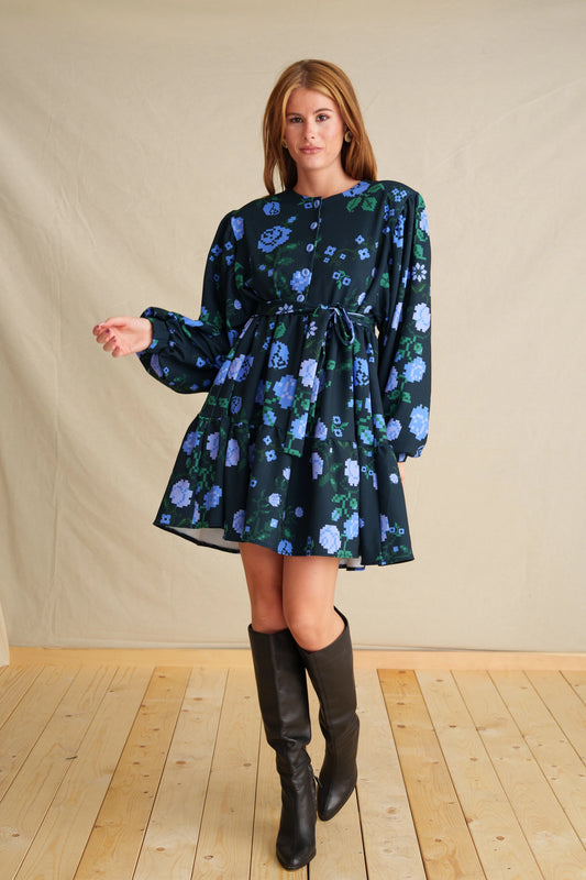 Pixel Rose Blue Futter Mini Dress