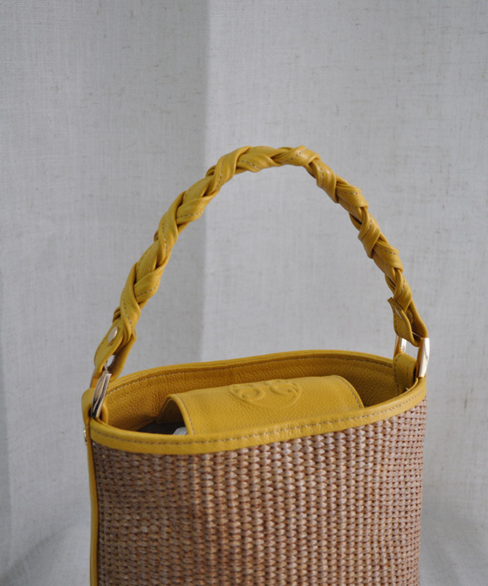 Bucket Raffia Bag - Yellow Leather