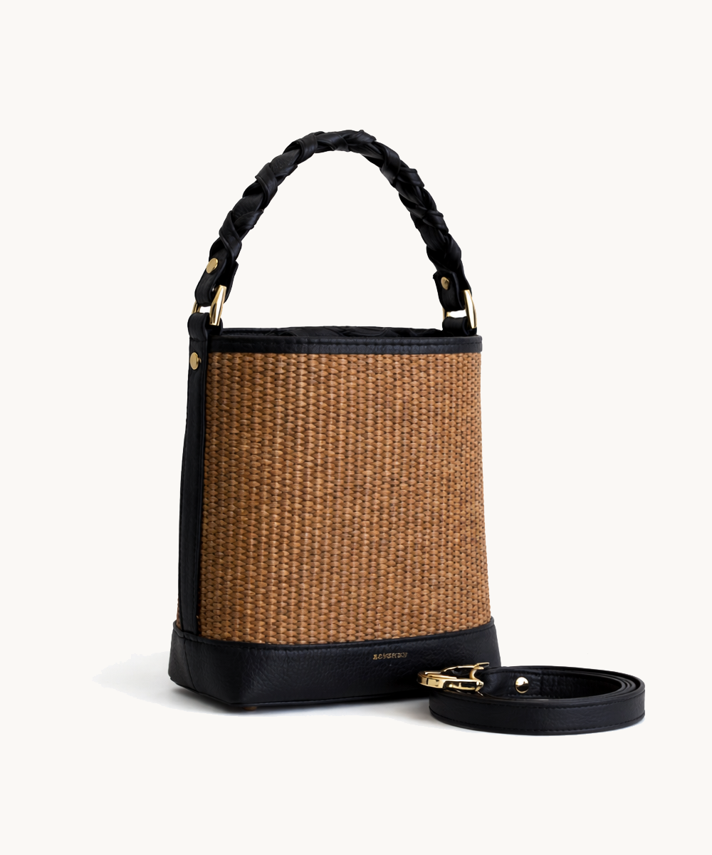 Bucket Raffia Bag - Black Leather