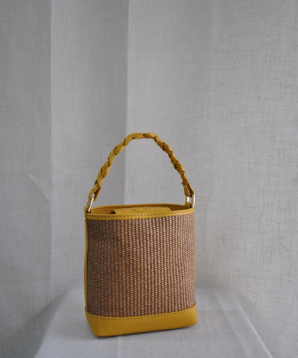 Bucket Raffia Bag - Yellow Leather