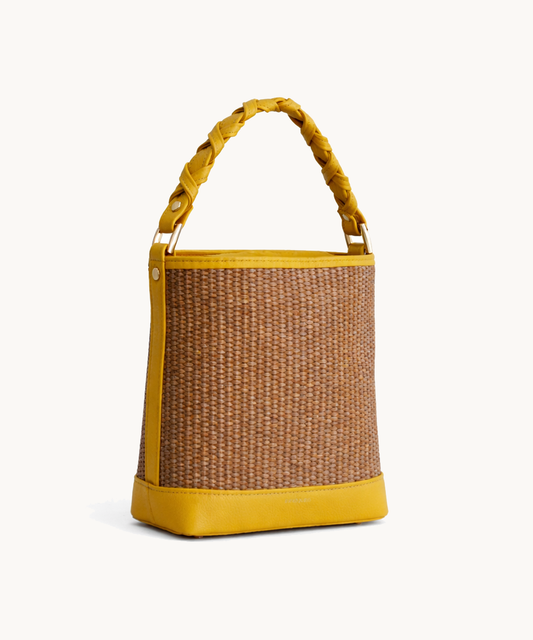 Bucket Raffia Bag - Yellow Leather