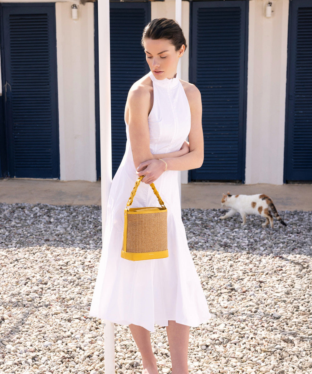 Bucket Raffia Bag - Yellow Leather