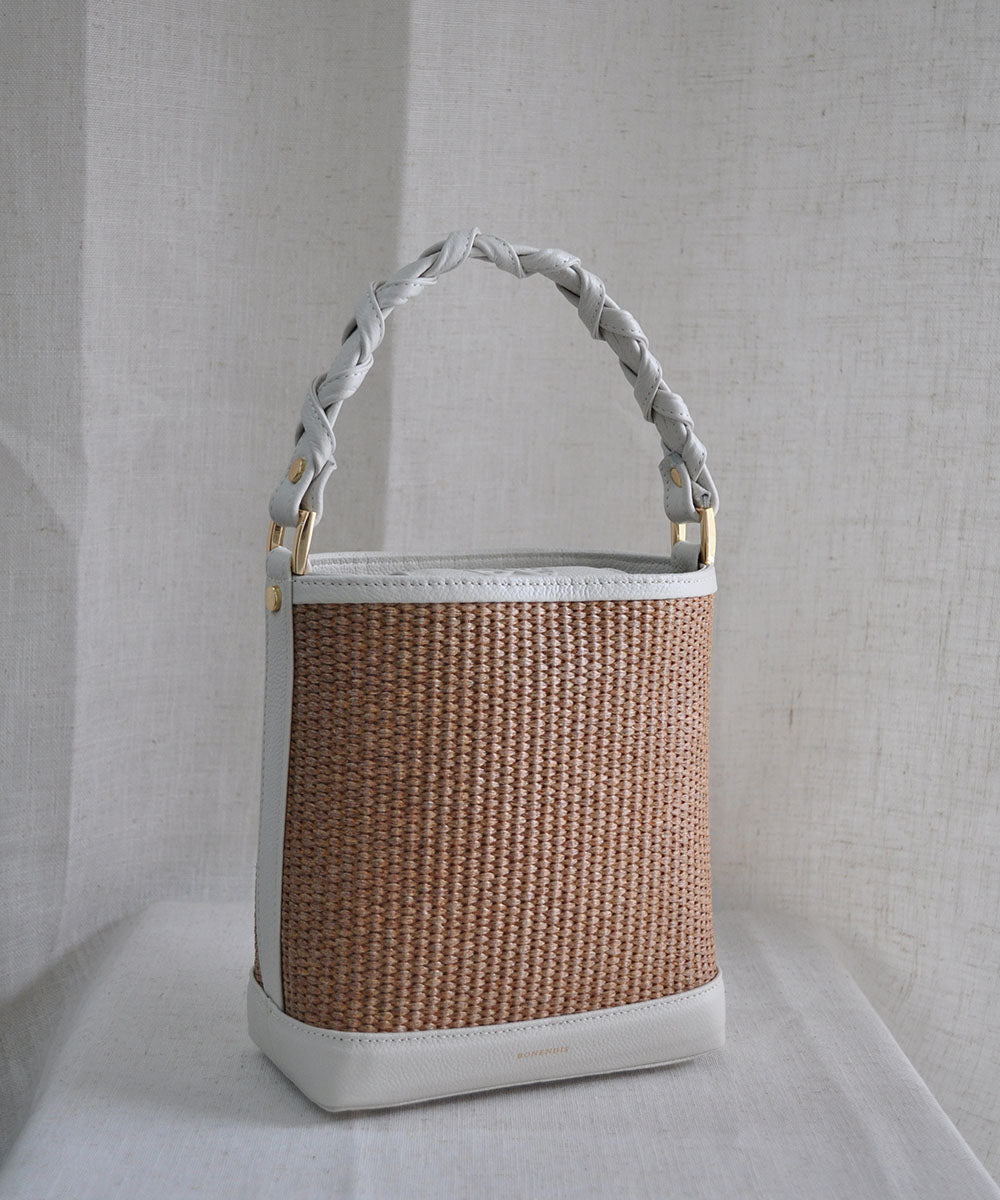 Bucket Raffia Bag - Cream Leather