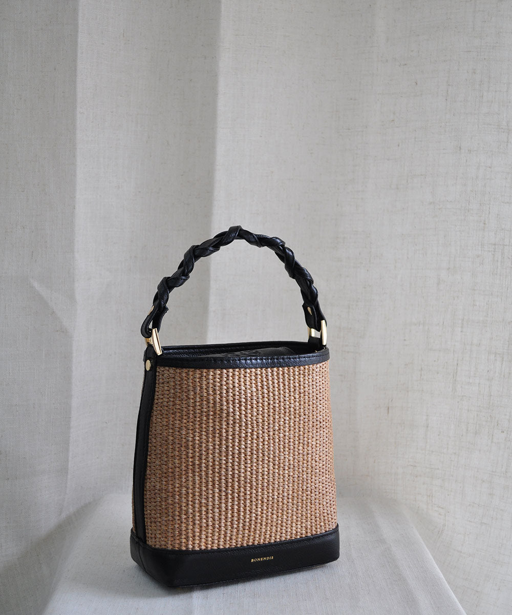Bucket Raffia Bag - Black Leather