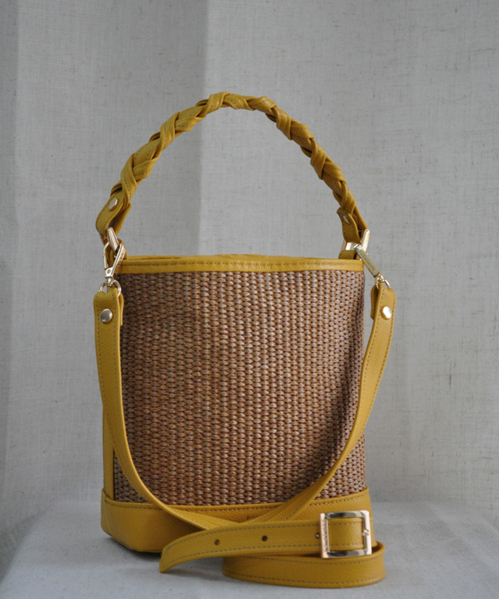 Bucket Raffia Bag - Yellow Leather