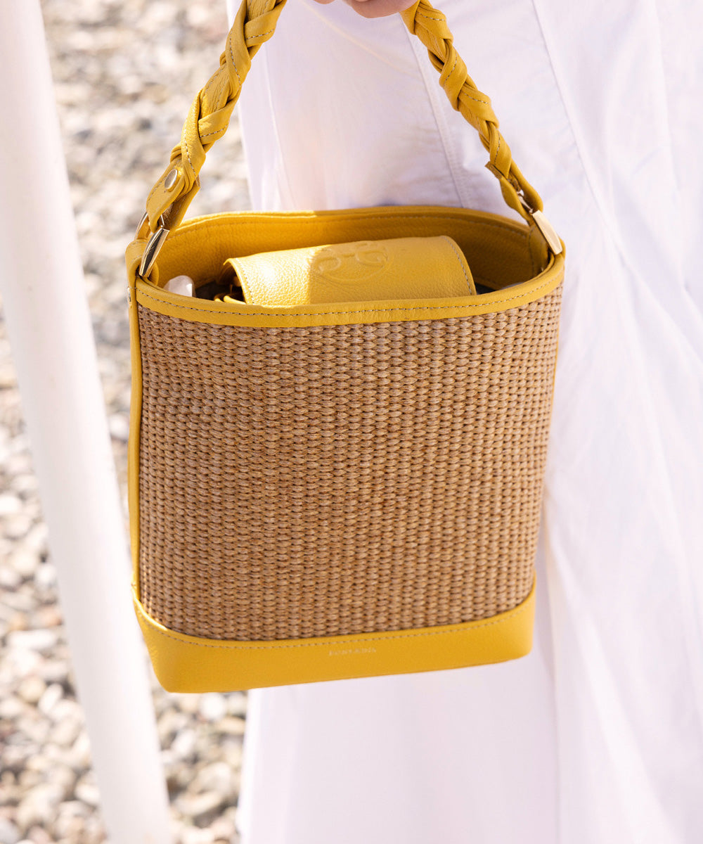 Bucket Raffia Bag - Yellow Leather