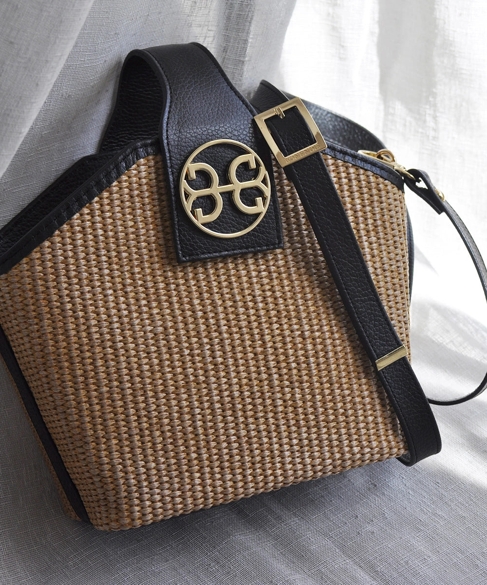 Evelyn Raffia Bag - Black Leather