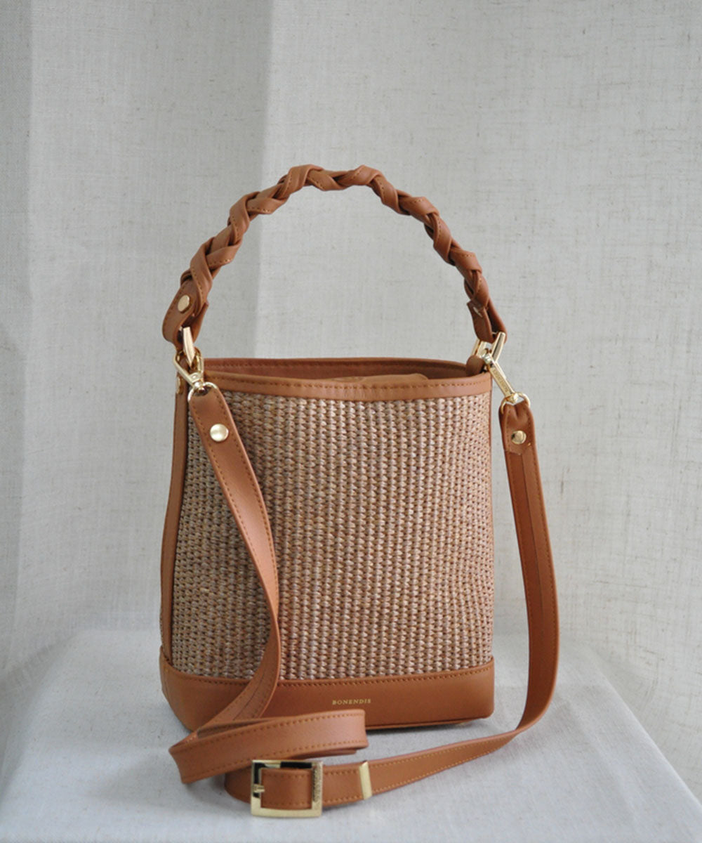 Bucket Raffia Bag - Tabac Leather