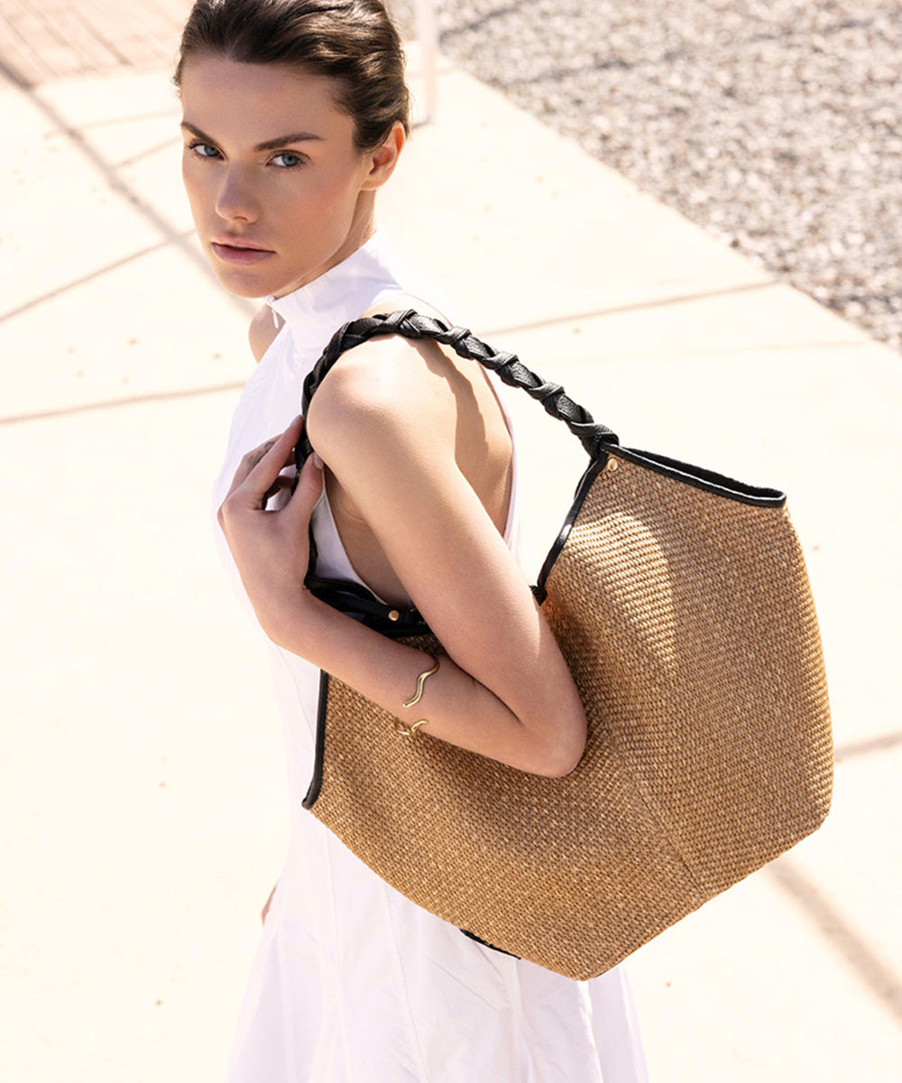 Helena Mini Raffia Bag - Black Leather