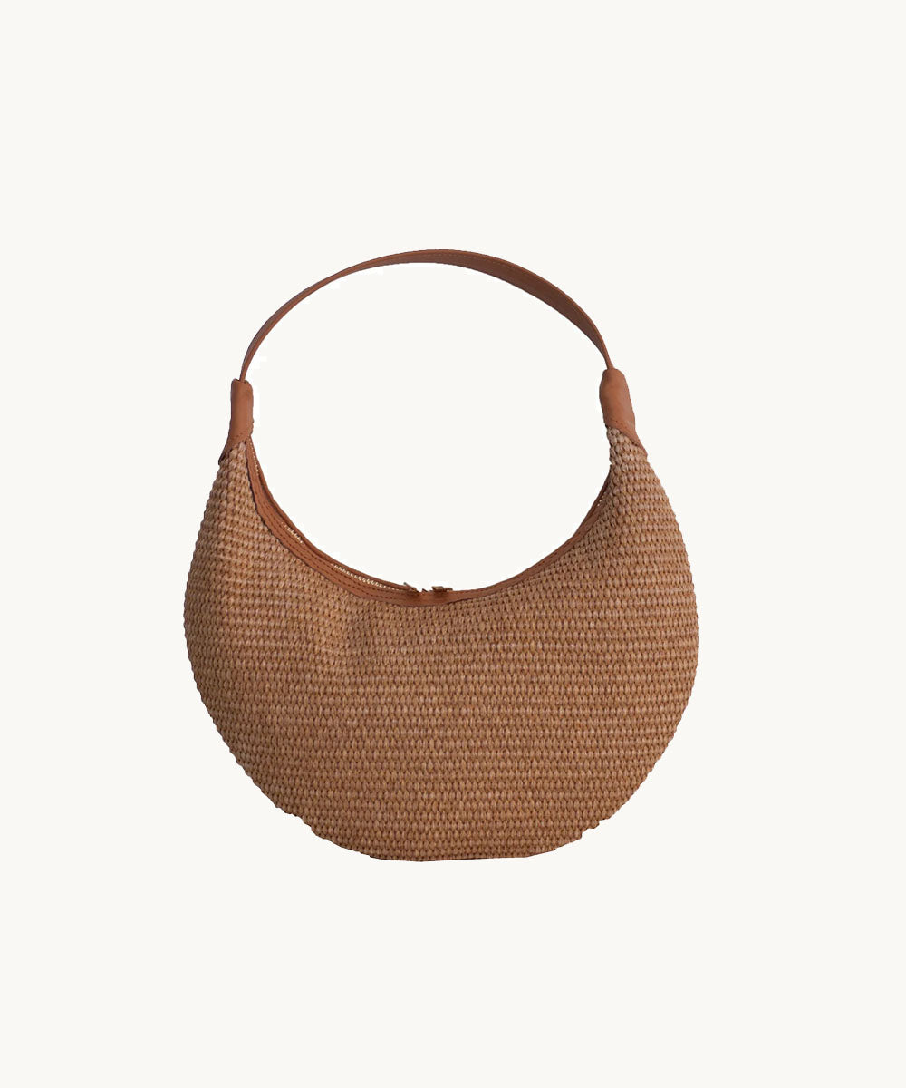Ophelia Small Raffia Shoulder Bag - Tabac Leather