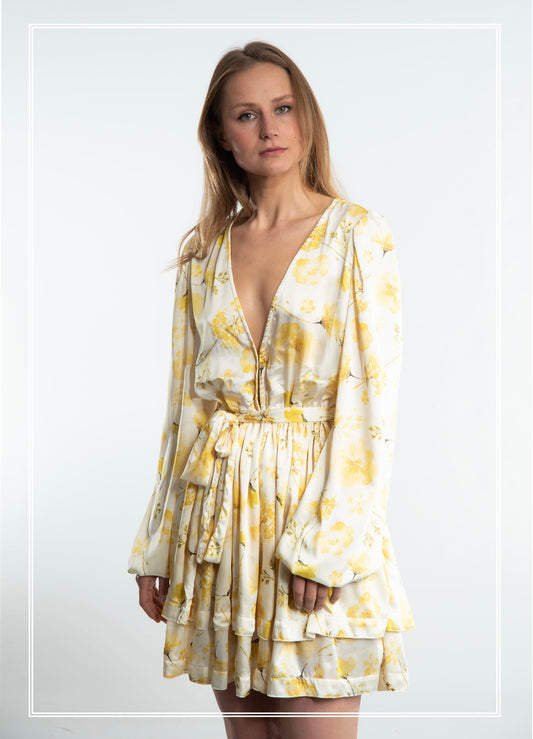 Yellow Blossom Mini Dress - Silk