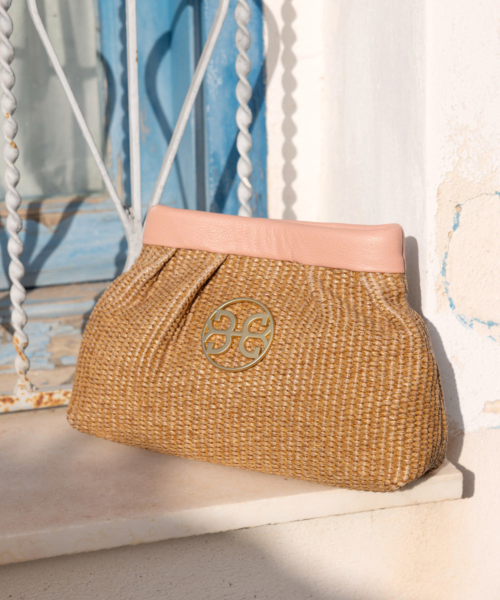 Kiss Small Raffia Bag - Pink Leather