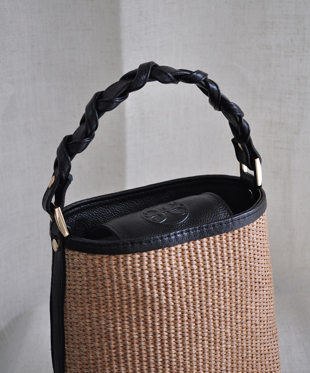 Bucket Raffia Bag - Black Leather