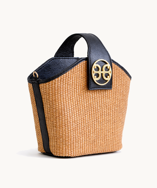 Evelyn Raffia Bag - Black Leather