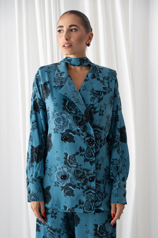 Dark Blue Rose Oversized Blazer Shirt