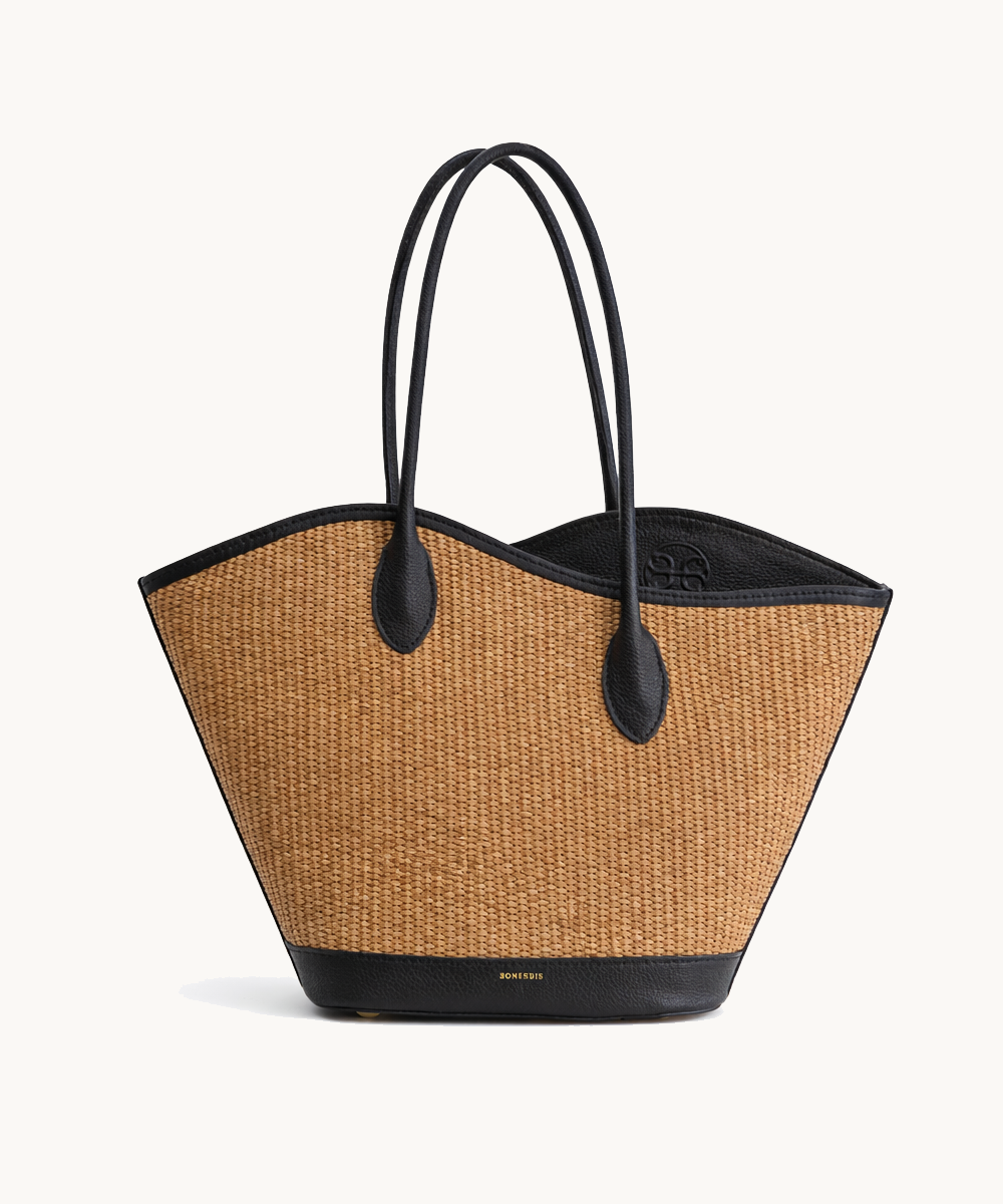 Wave Raffia Tote Bag - Black