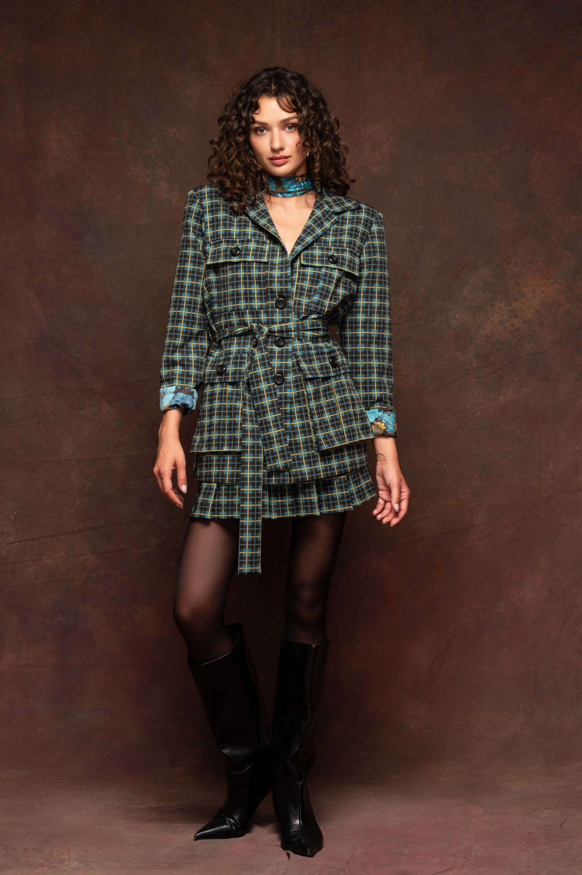 Petrol Plaid Belted Blazer