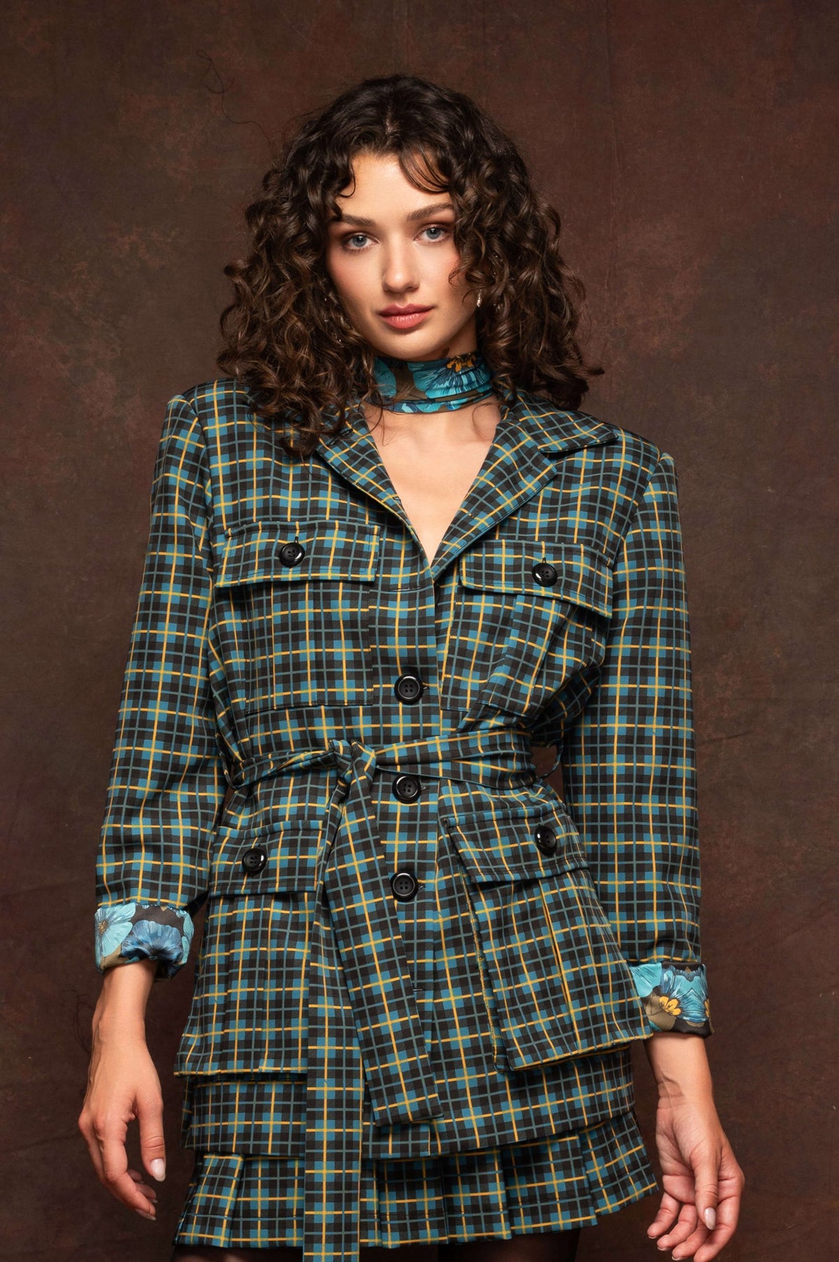 Petrol Plaid Belted Blazer