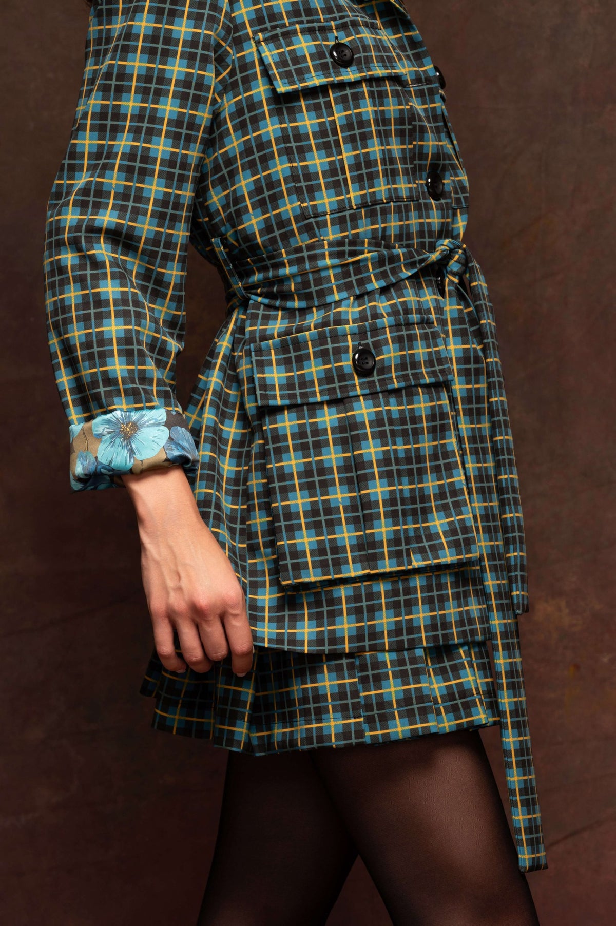 Petrol Plaid Belted Blazer
