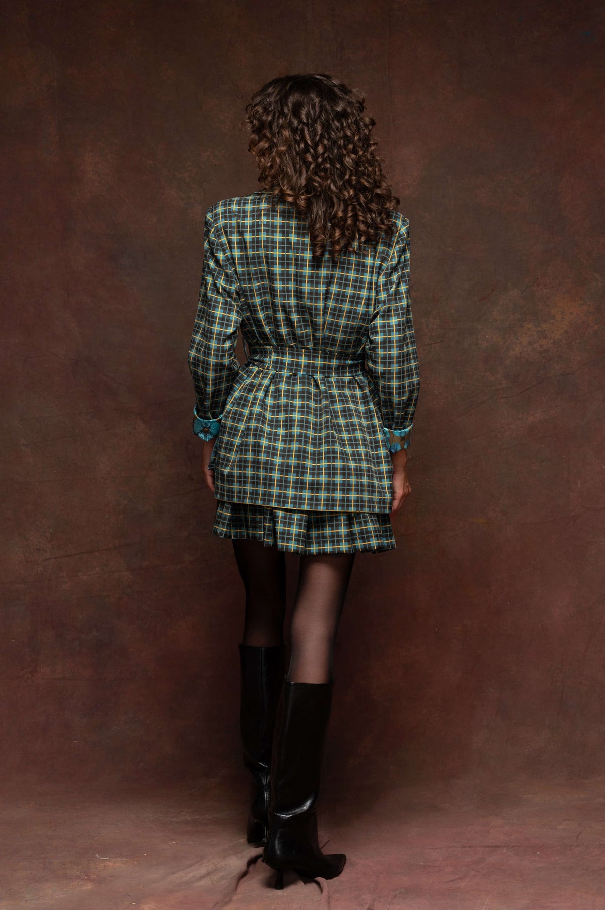 Petrol Plaid Belted Blazer