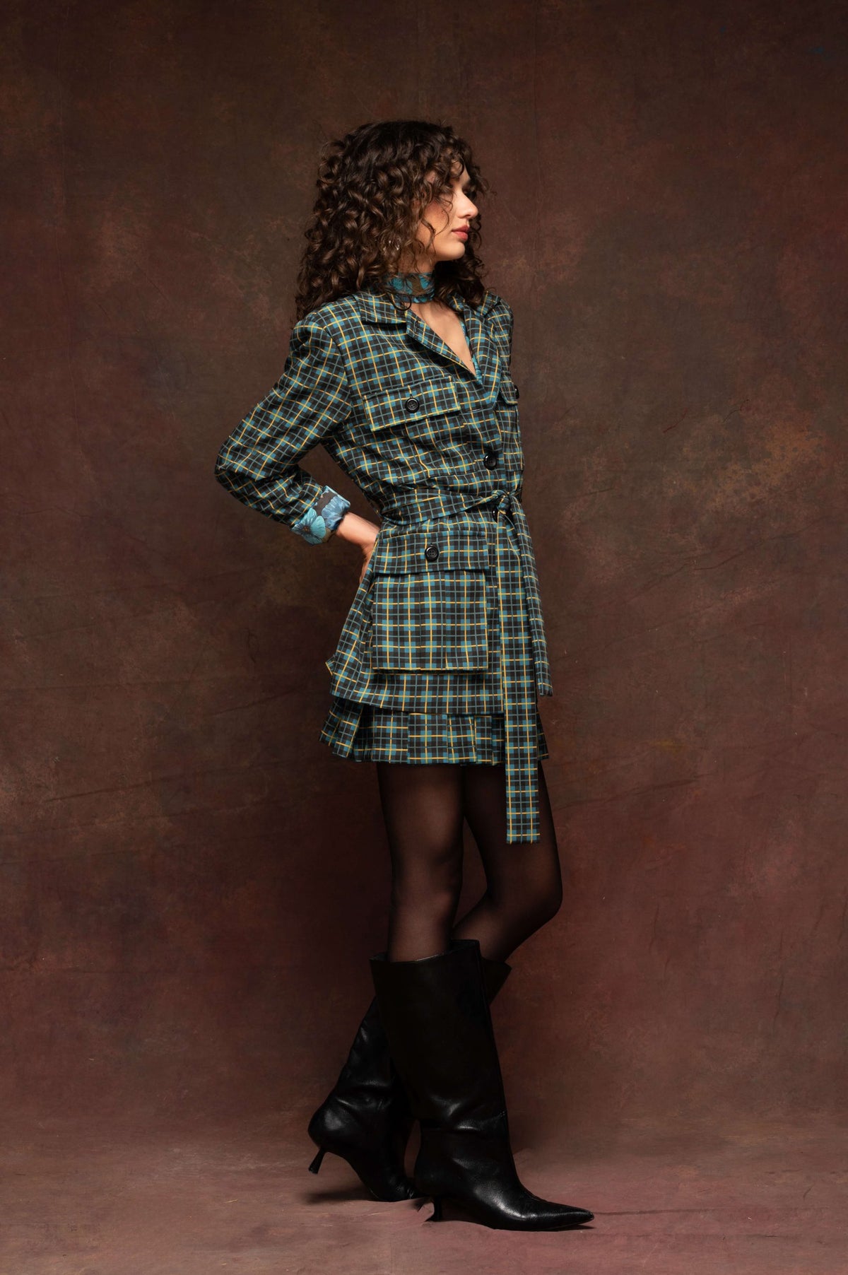 Petrol Plaid Belted Blazer